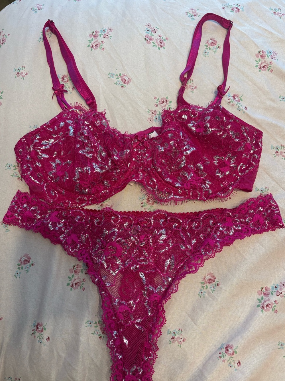 Victoria's Secret Fuchsia Lace Underwire Bra and Lace Thong Set